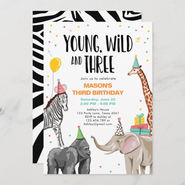 Young Wild and Three Third Safari Party Animals Invitation (Front/Back)