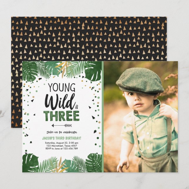 Young Wild and Three Tropical Safari Boy Birthday Invitation (Front/Back)