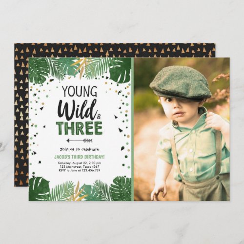 Young Wild and Three Tropical Safari Boy Birthday Invitation