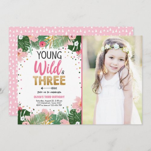 Young Wild and Three Tropical Safari Girl Birthday Invitation