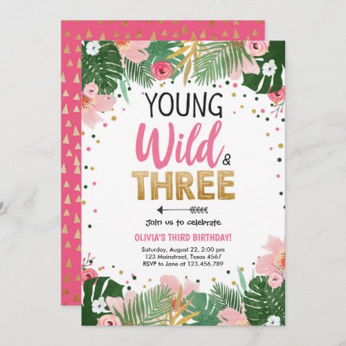 Young Wild and Three Tropical Safari Girl Birthday Invitation
