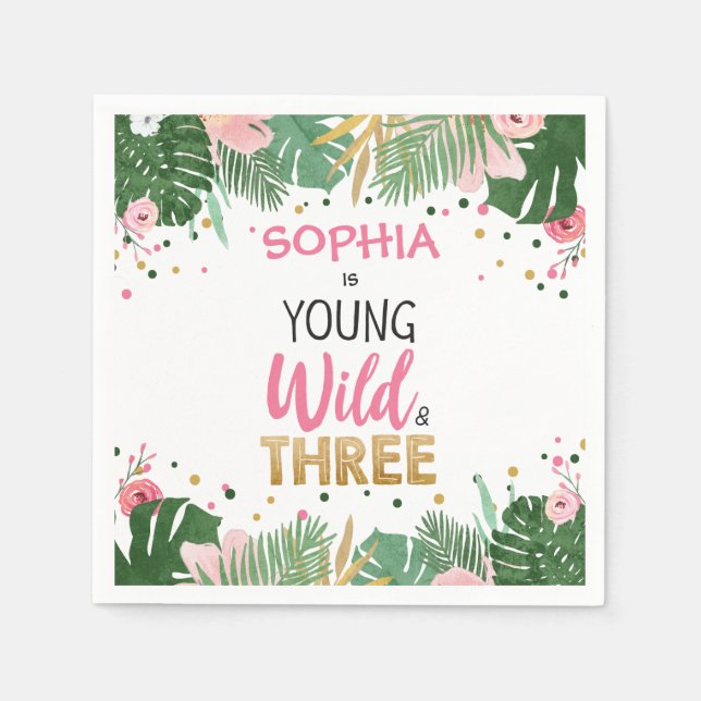 Young Wild and Three Tropical Safari Girl Birthday Napkins (Front)