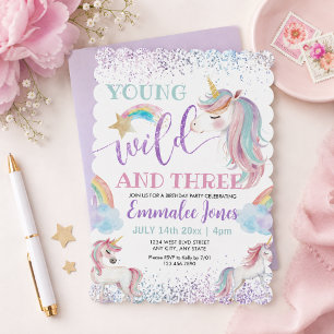 Young Wild and Three Unicorn 3rd Birthday Invitation
