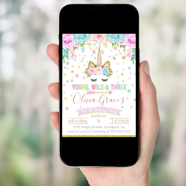 Young Wild and Three Unicorn Birthday Invitations (Front Digital)