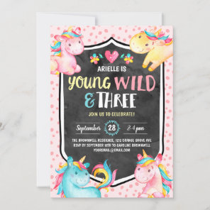 Young Wild and Three Unicorn Birthday Party Invitation