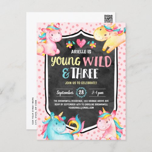 Young Wild and Three Unicorn Birthday Party Postcard