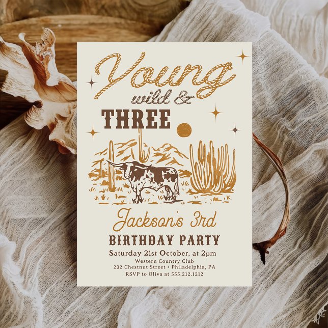Young, Wild and Three Western Birthday Invitation (Creator Uploaded)