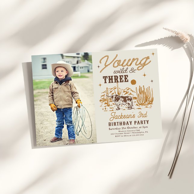 Young, Wild and Three Western Birthday Photo Invitation (Creator Uploaded)