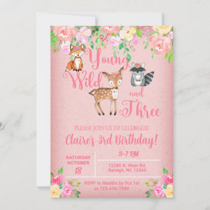 Young wild and three Woodland girl invite. Invitation