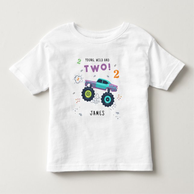 Young Wild And Two 2nd Birthday Kids Monster Car Toddler T-shirt (Front)