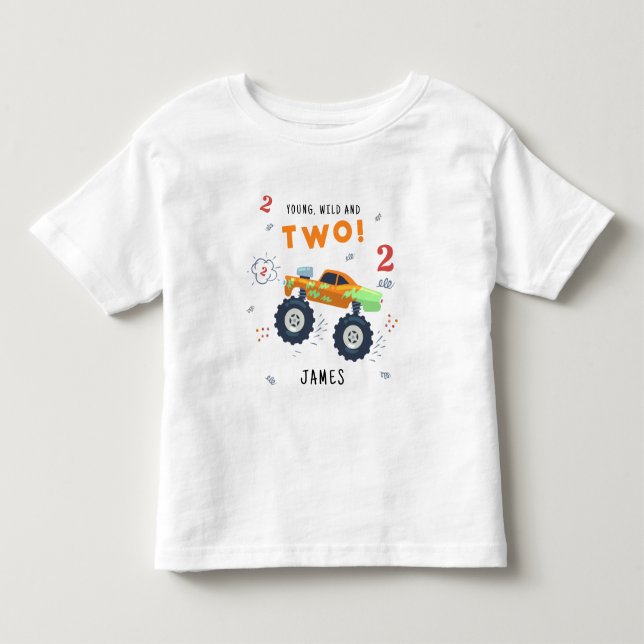 Young Wild And Two 2nd Birthday Kids Monster Car Toddler T-shirt (Front)