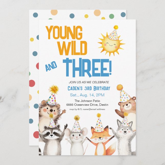 Young Wild Forest Animals Party Hats 3rd Birthday Invitation (Front/Back)