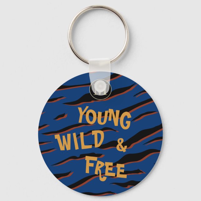 Young Wild Free Quote Tiger Stripes Navy Blue  Keychain (Front)