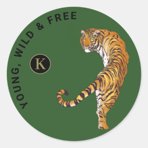 Young, Wild & Free Tiger Monogram Green Background Classic Round Sticker