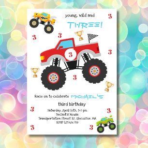 Young, wild monster trucks boy birthday invitation