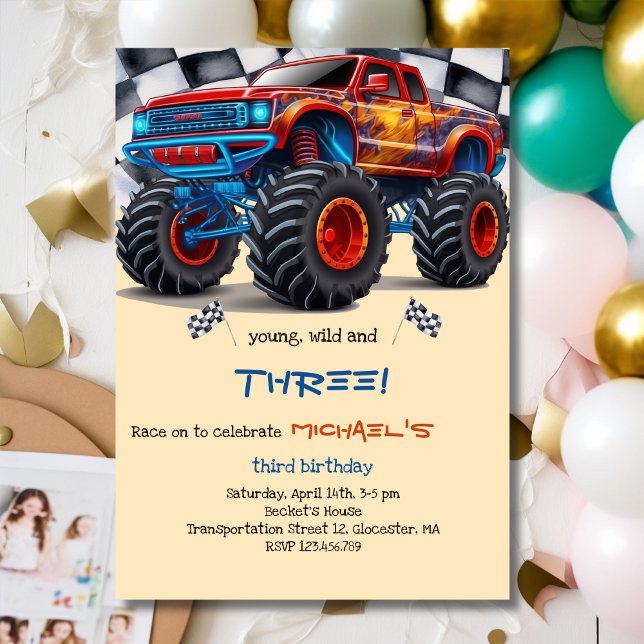 Young, wild  monster trucks boy birthday invitation (Creator Uploaded)