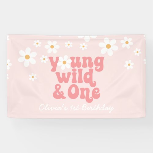 Young Wild One retro Daisy Pink birthday Banner