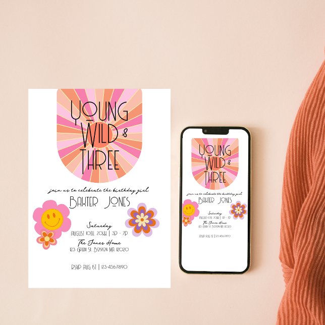 Young, Wild & Three | 3rd Birthday Invite | Pink (Creator Uploaded)