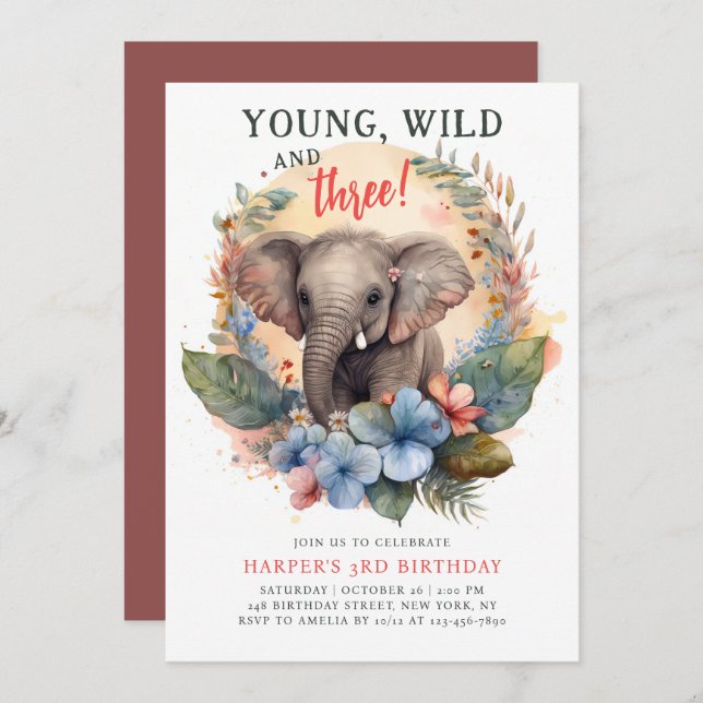 Young Wild Three 3rd Birthday Kids Cute Elephant Invitation (Front/Back)