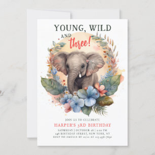 Young Wild Three 3rd Birthday Kids Cute Elephant Invitation