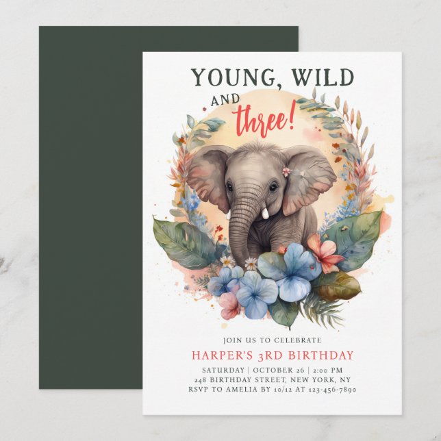 Young Wild Three 3rd Birthday Kids Cute Elephant Invitation (Front/Back)