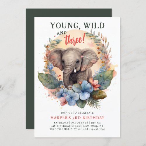 Young Wild Three 3rd Birthday Kids Cute Elephant Invitation