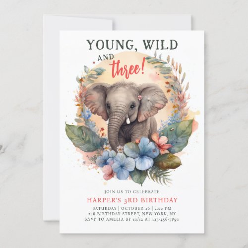 Young Wild Three 3rd Birthday Kids Cute Elephant Invitation