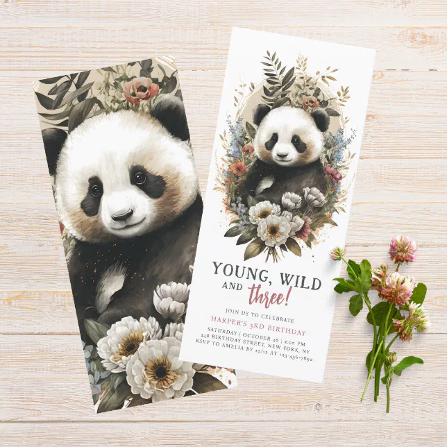 Young Wild Three 3rd Birthday Kids Cute Panda Invitation | Zazzle