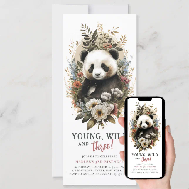 Young Wild Three 3rd Birthday Kids Cute Panda Invitation 