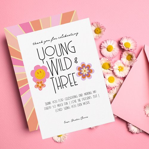 Young Wild  Three  B_Day Thank You Card  Pink