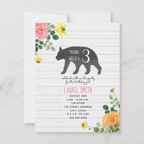 Young Wild Three Bear Wildflower Birthday Invitation