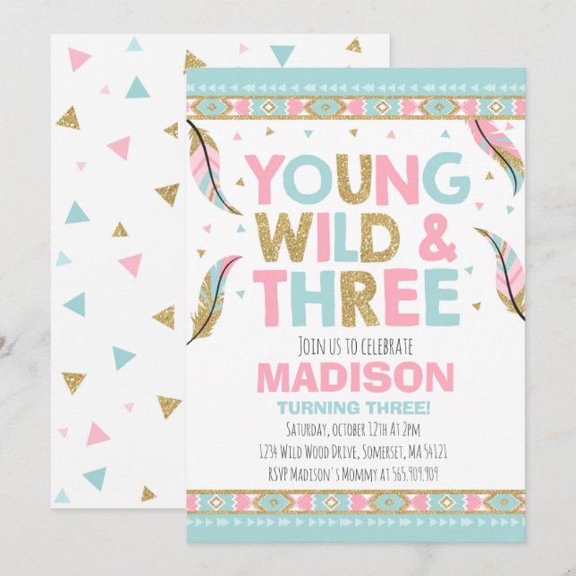 Young Wild & Three Birthday Invitation Wild Party (Front/Back)