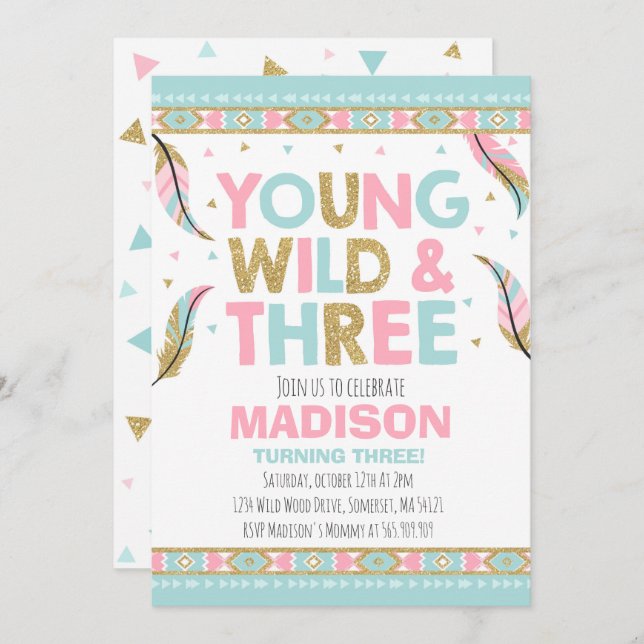 Young Wild & Three Birthday Invitation Wild Party (Front/Back)