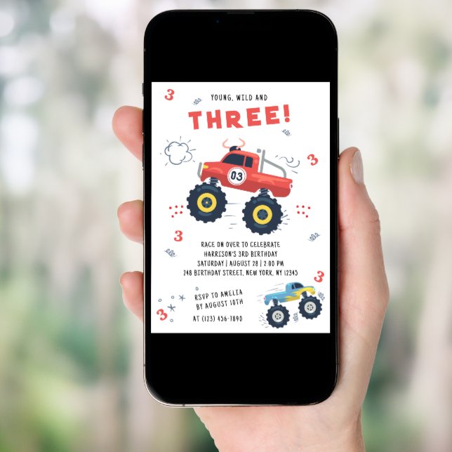 Young Wild Three Birthday Kids Monster Car Trucks Invitation (Front Digital)