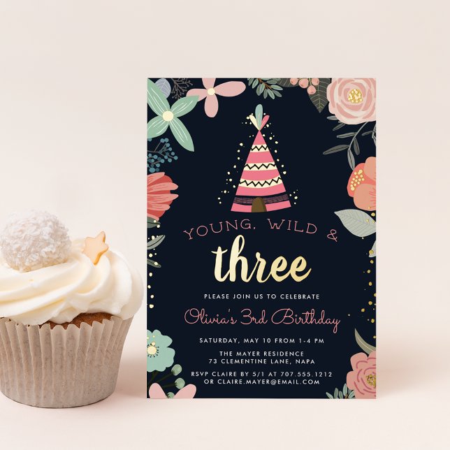 Young, Wild & Three Birthday Party Foil Invitation (Creator Uploaded)