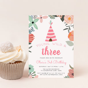 Young, Wild & Three Birthday Party Invitation