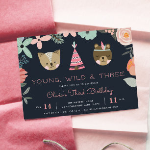 Young, Wild & Three Birthday Party Invitation