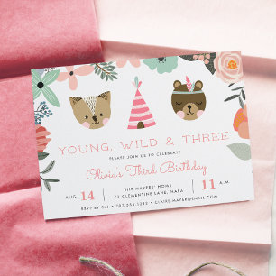 Young, Wild & Three   Birthday Party Invitation