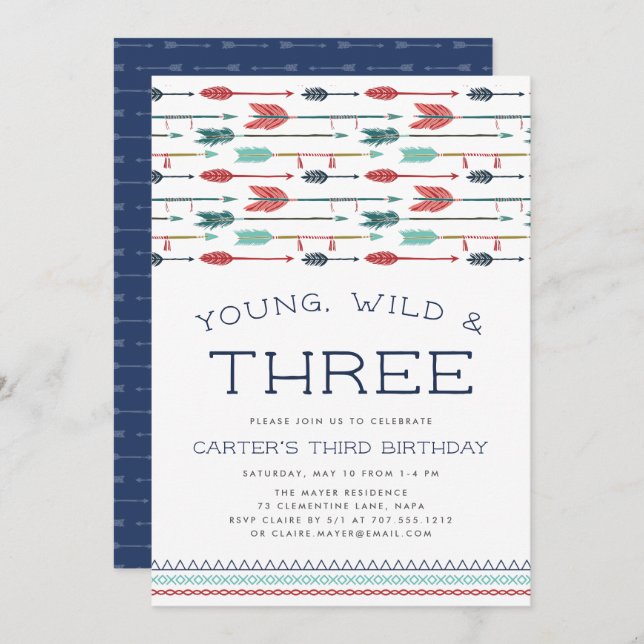 Young, Wild & Three Birthday Party Invitation (Front/Back)