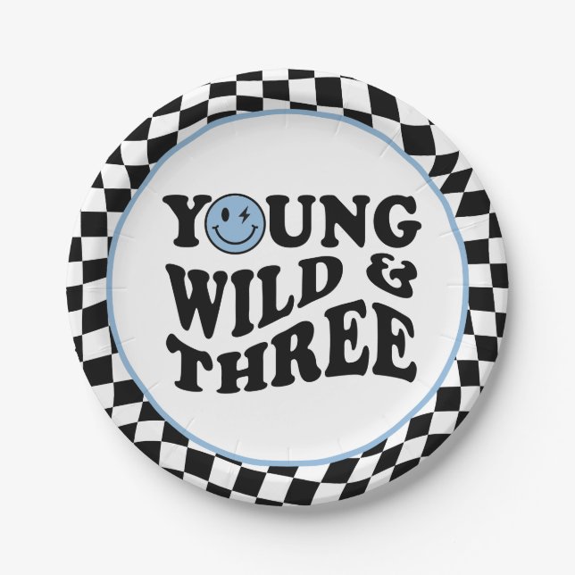 Young Wild & Three | Blue Happy Smile 3rd Birthday Paper Plates (Front)