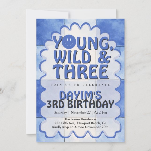 Young Wild & Three Blue Retro Boy 3rd Birthday  Invitation (Front)