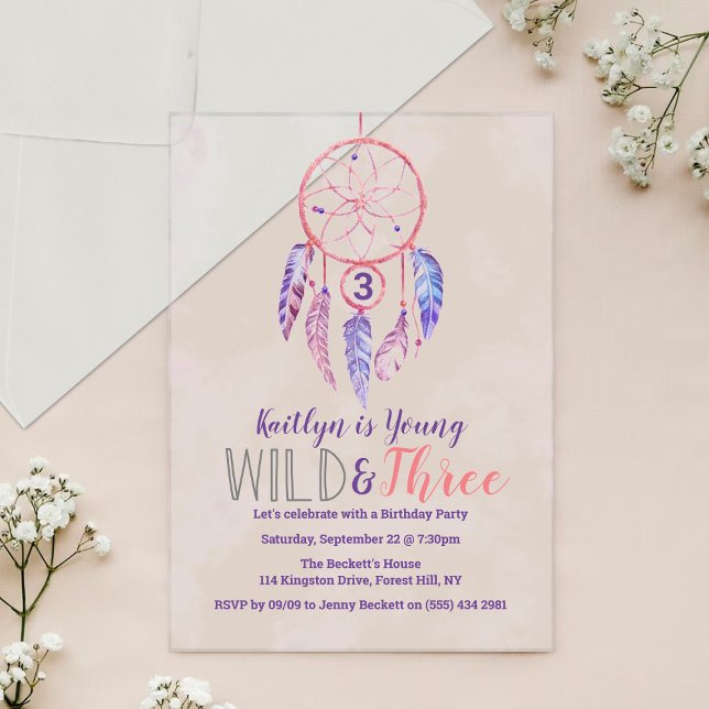 Young, Wild & Three Boho 3rd Birthday Acrylic Invitations (Creator Uploaded)
