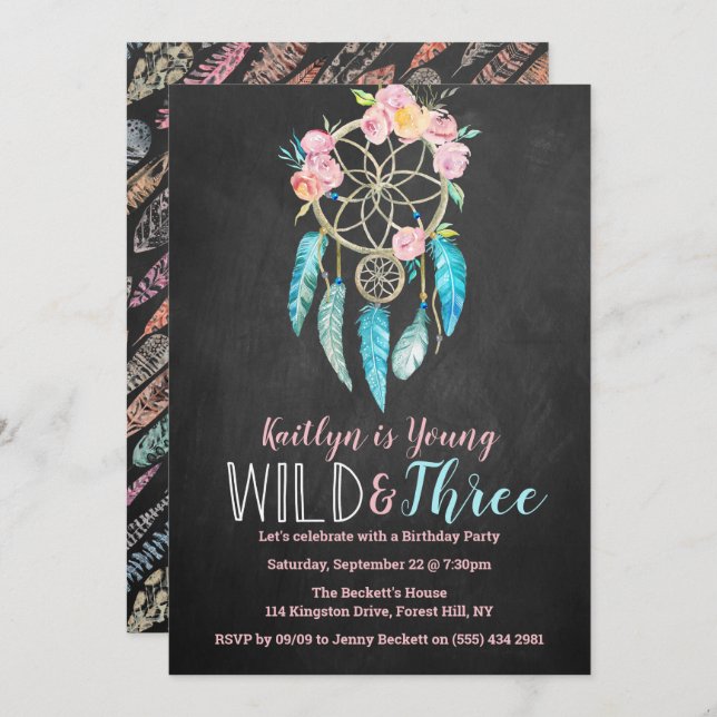 Young, Wild & Three Boho 3rd Birthday Invitations (Front/Back)