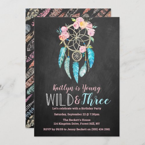 Young Wild  Three Boho 3rd Birthday Invitations