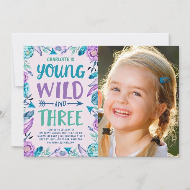 Young Wild & Three Boho Birthday Party Photo Invitation (Front)