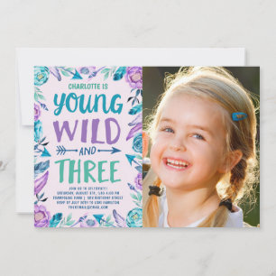 Young Wild & Three Boho Birthday Party Photo Invitation