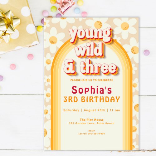  Young Wild  Three Boho Daisy Rainbow Birthday  Invitation