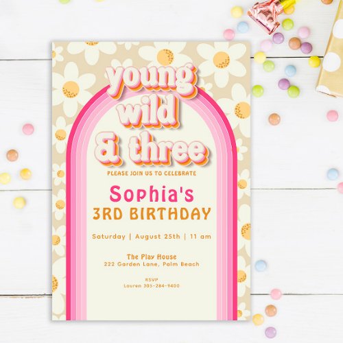 Young Wild  Three Boho Daisy Rainbow Birthday  Invitation