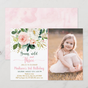 Young Wild & Three Boho Floral Pink Gold Birthday Invitation