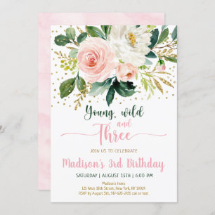 Young Wild & Three Boho Floral Pink Gold Birthday Invitation